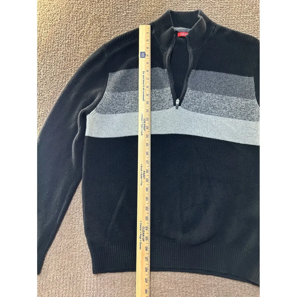 IZOD Mens XL Quarter Zip Sweater Black Grey Striped Cotton Ribbed Knit Pullover
